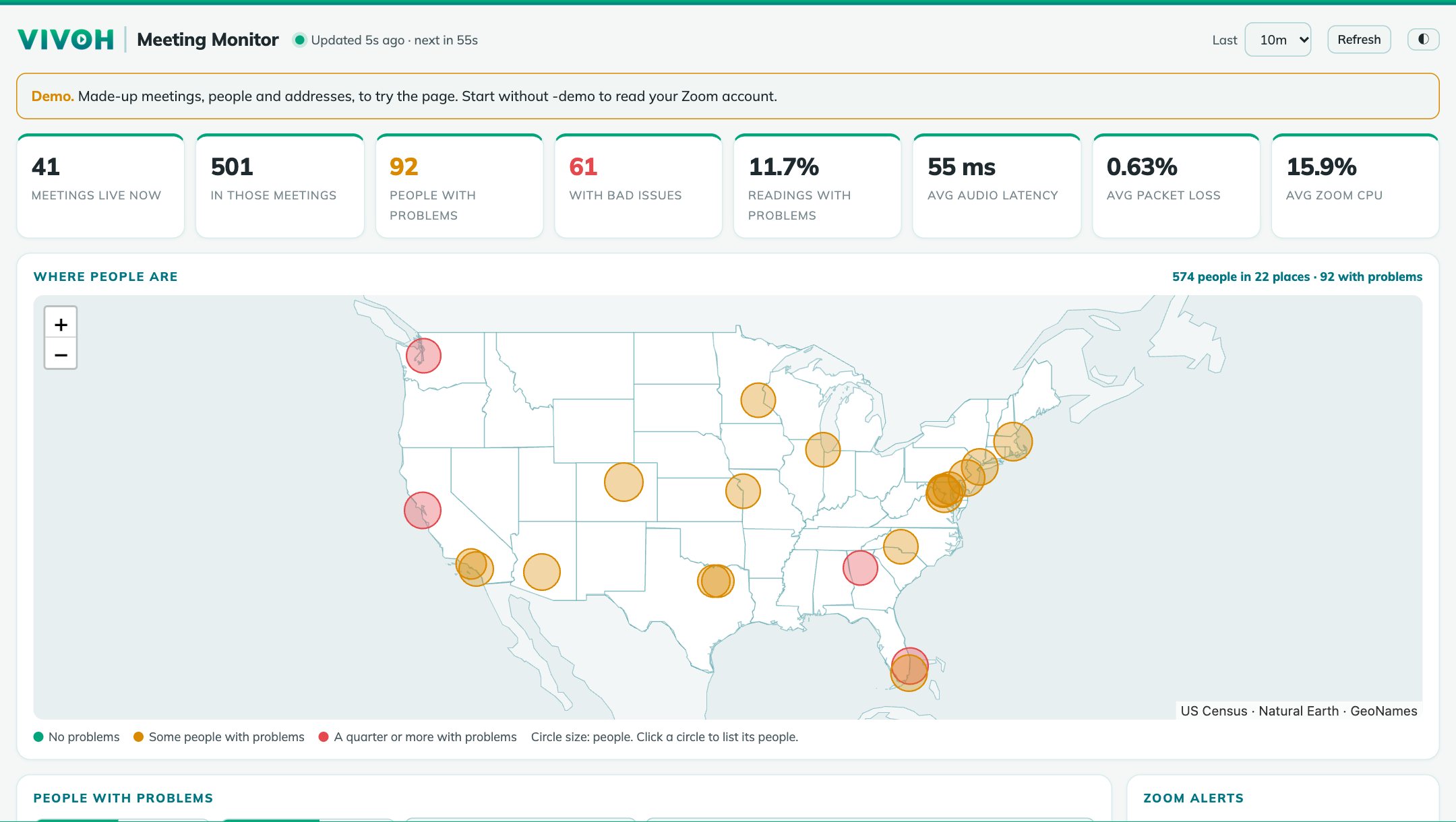 The live page: meetings live now, people with problems, and a map of where everyone is